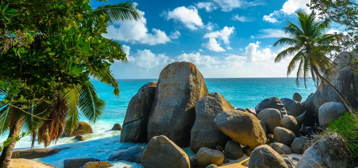 The coast of Mahé Island, Seychelles.