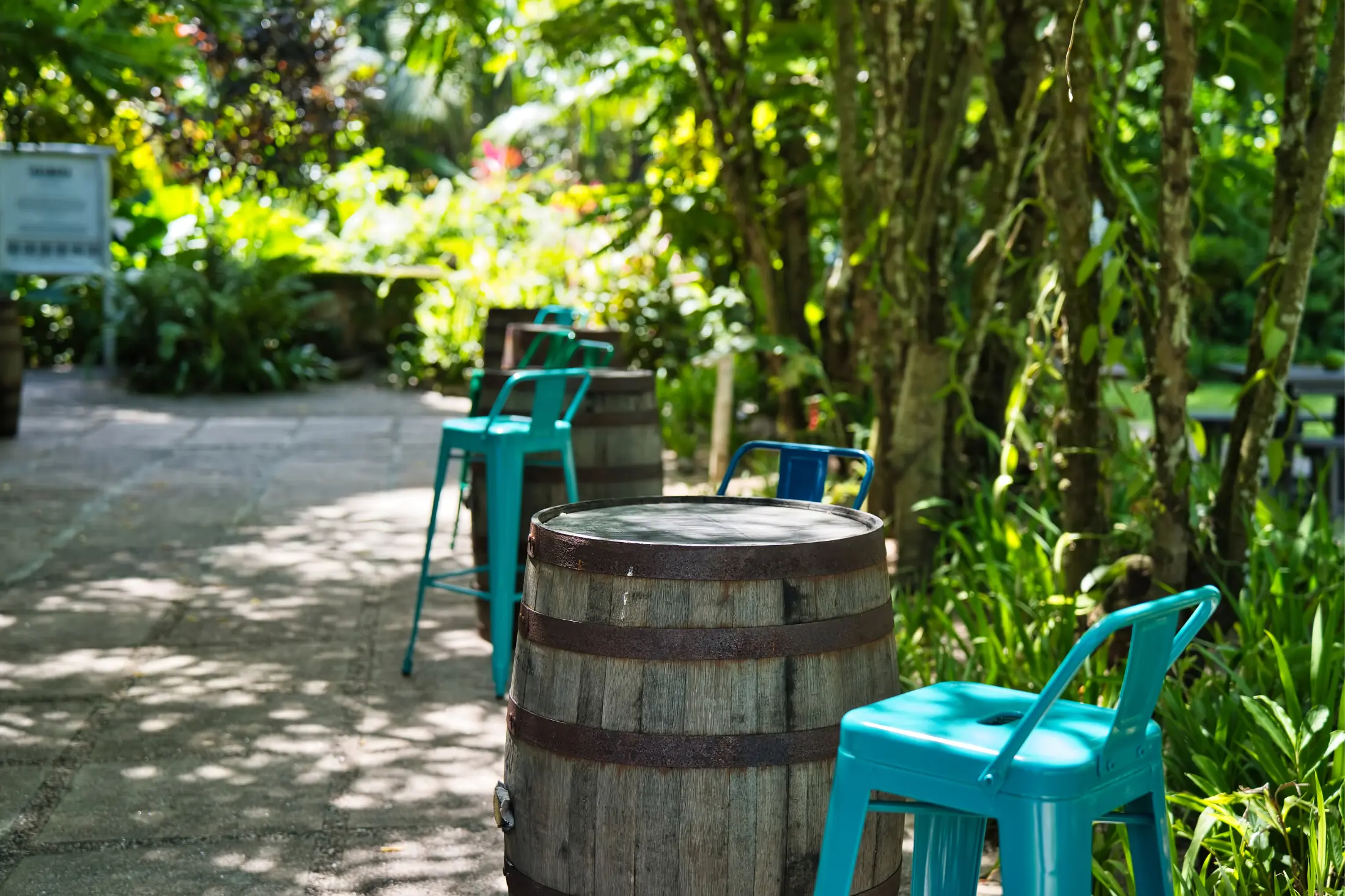 Takamaka Rum Distillery sitting area and barrels, Mahé Island Seychelles.