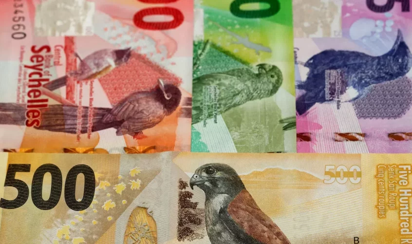 Seychelles currency banknotes, rupees with pictures of various local birds