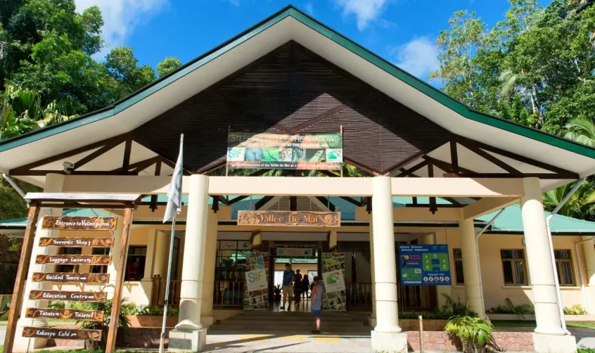 Entrance to the Vallee de Mai Nature Reserve in Seychelles.